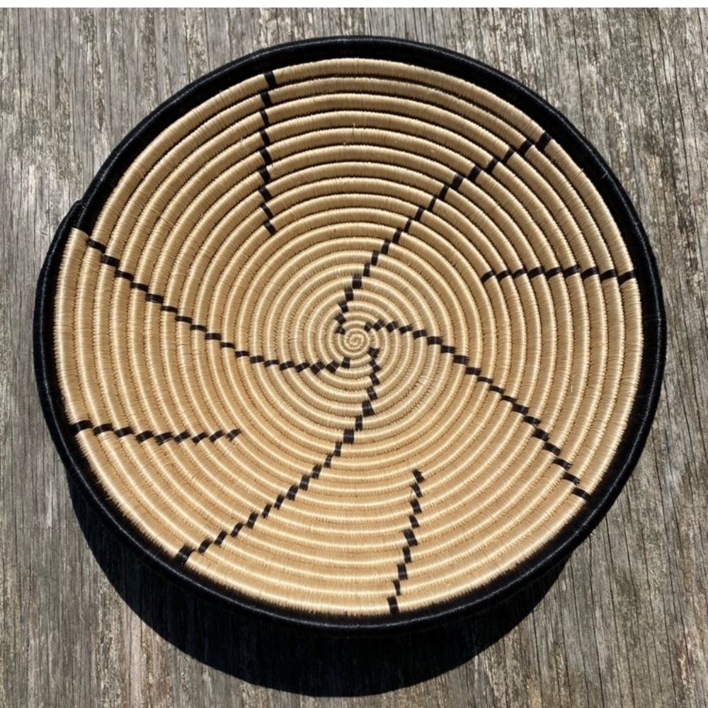 African Handcrafted 12” Tan and Black Woven Basket
